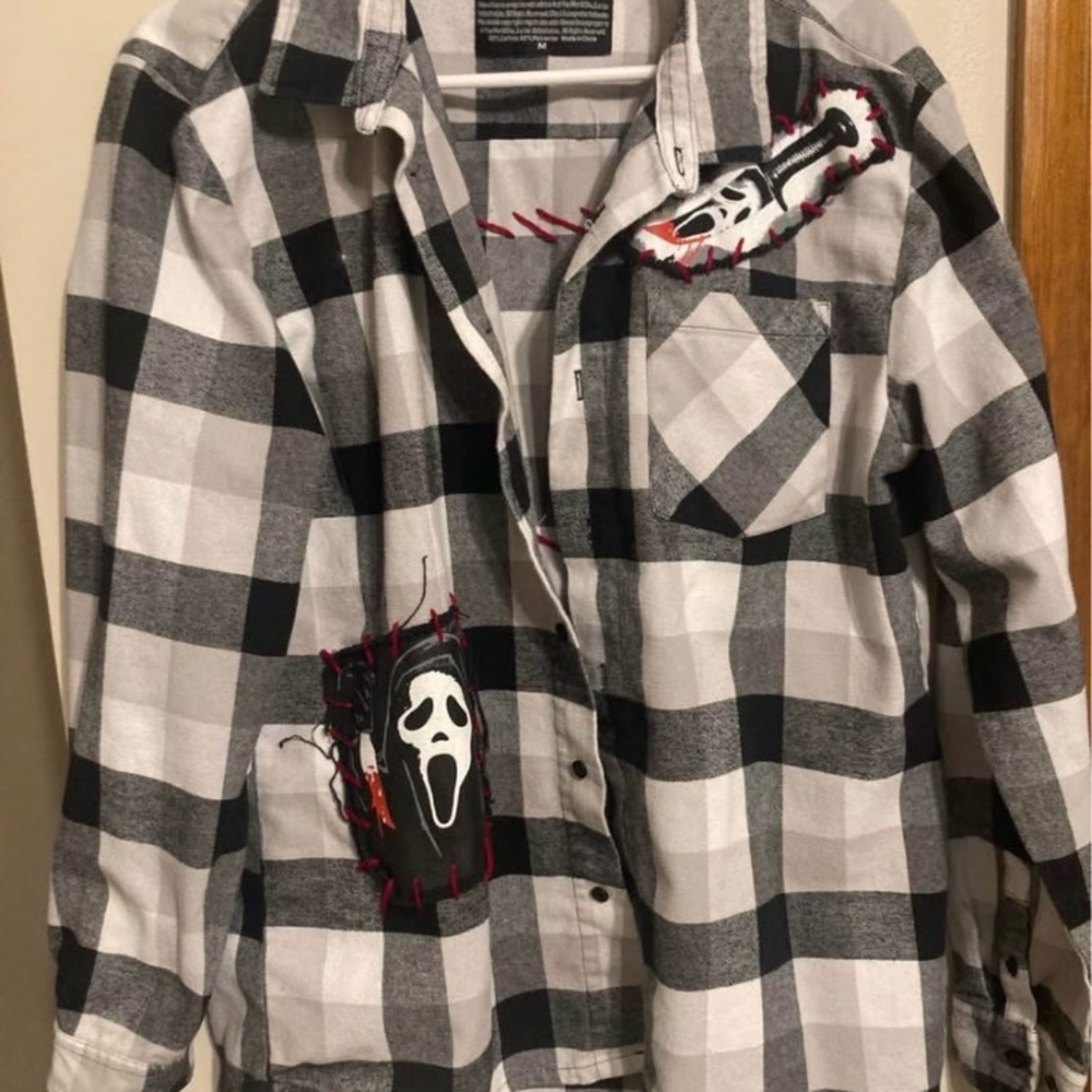 Black and White Checkered Flannel with Graphic Design